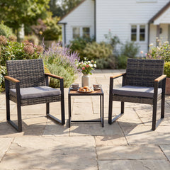 3-Piece PE Wicker Patio Set with Soft Cushion and Side Table for Balcony-Grey