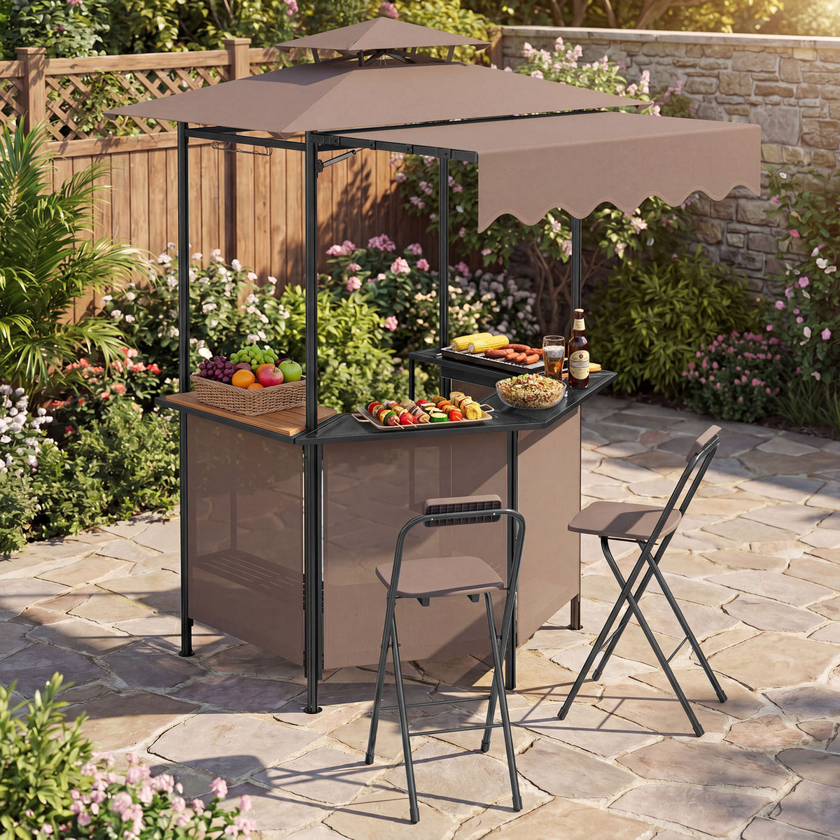 3-Piece Patio Bar Set and Outdoor BBQ Canopy with Bar Table and 2 Folding Bar Stools for Backyard-Brown