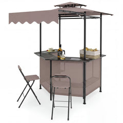 3-Piece Patio Bar Set and Outdoor BBQ Canopy with Bar Table and 2 Folding Bar Stools for Backyard-Brown