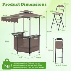 3-Piece Patio Bar Set and Outdoor BBQ Canopy with Bar Table and 2 Folding Bar Stools for Backyard-Brown