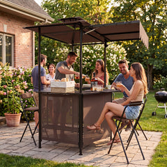 3-Piece Patio Bar Set and Outdoor BBQ Canopy with Bar Table and 2 Folding Bar Stools for Backyard-Brown