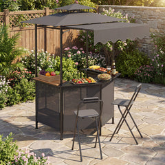 3-Piece Patio Bar Set and Outdoor BBQ Canopy with Bar Table and 2 Folding Bar Stools for Backyard-Grey