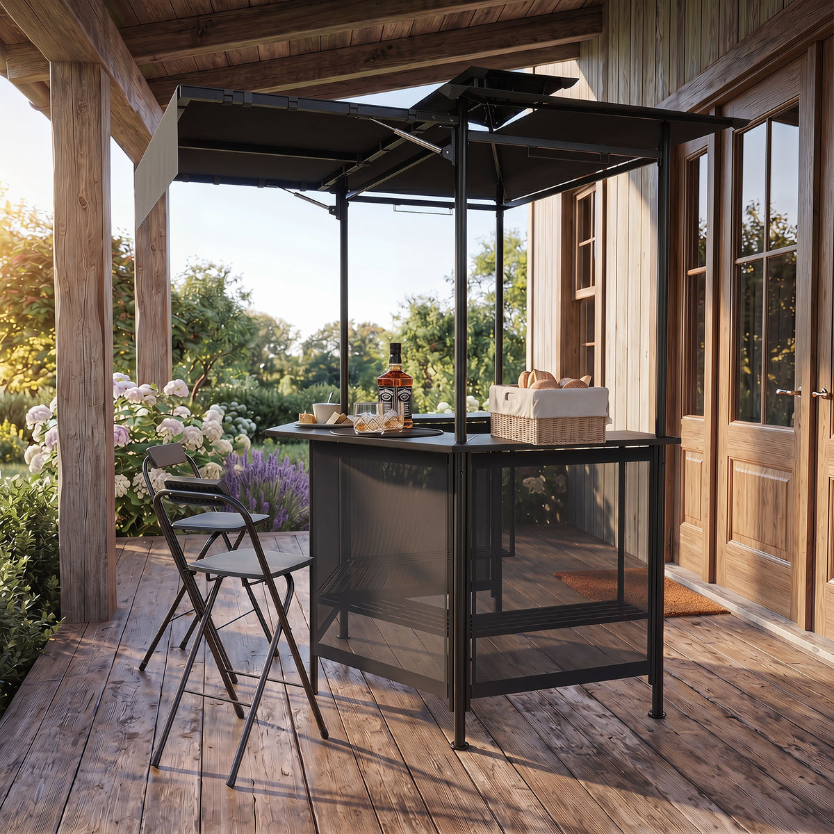3-Piece Patio Bar Set and Outdoor BBQ Canopy with Bar Table and 2 Folding Bar Stools for Backyard-Grey