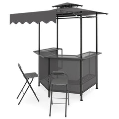 3-Piece Patio Bar Set and Outdoor BBQ Canopy with Bar Table and 2 Folding Bar Stools for Backyard-Grey