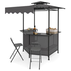 3-Piece Patio Bar Set and Outdoor BBQ Canopy with Bar Table and 2 Folding Bar Stools for Backyard-Grey