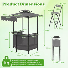 3-Piece Patio Bar Set and Outdoor BBQ Canopy with Bar Table and 2 Folding Bar Stools for Backyard-Grey
