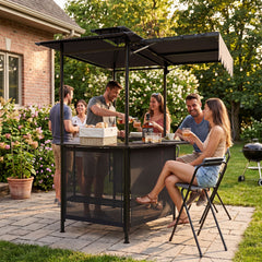 3-Piece Patio Bar Set and Outdoor BBQ Canopy with Bar Table and 2 Folding Bar Stools for Backyard-Grey