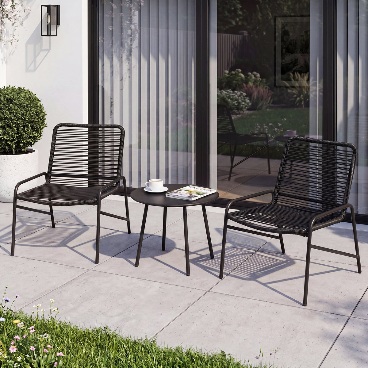 3 Piece Patio Bistro Set Rattan Chairs with Side Table Outdoor Wicker Conversation Set-Black