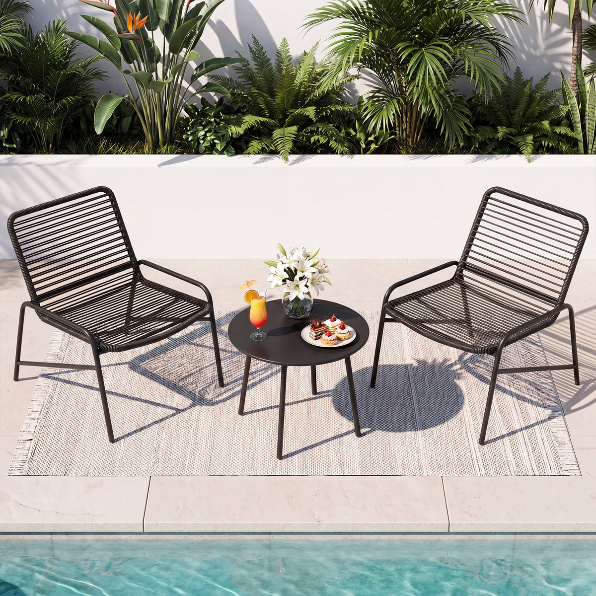 3 Piece Patio Bistro Set Rattan Chairs with Side Table Outdoor Wicker Conversation Set-Black