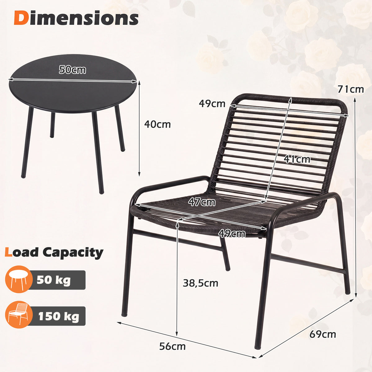 3 Piece Patio Bistro Set Rattan Chairs with Side Table Outdoor Wicker Conversation Set-Black