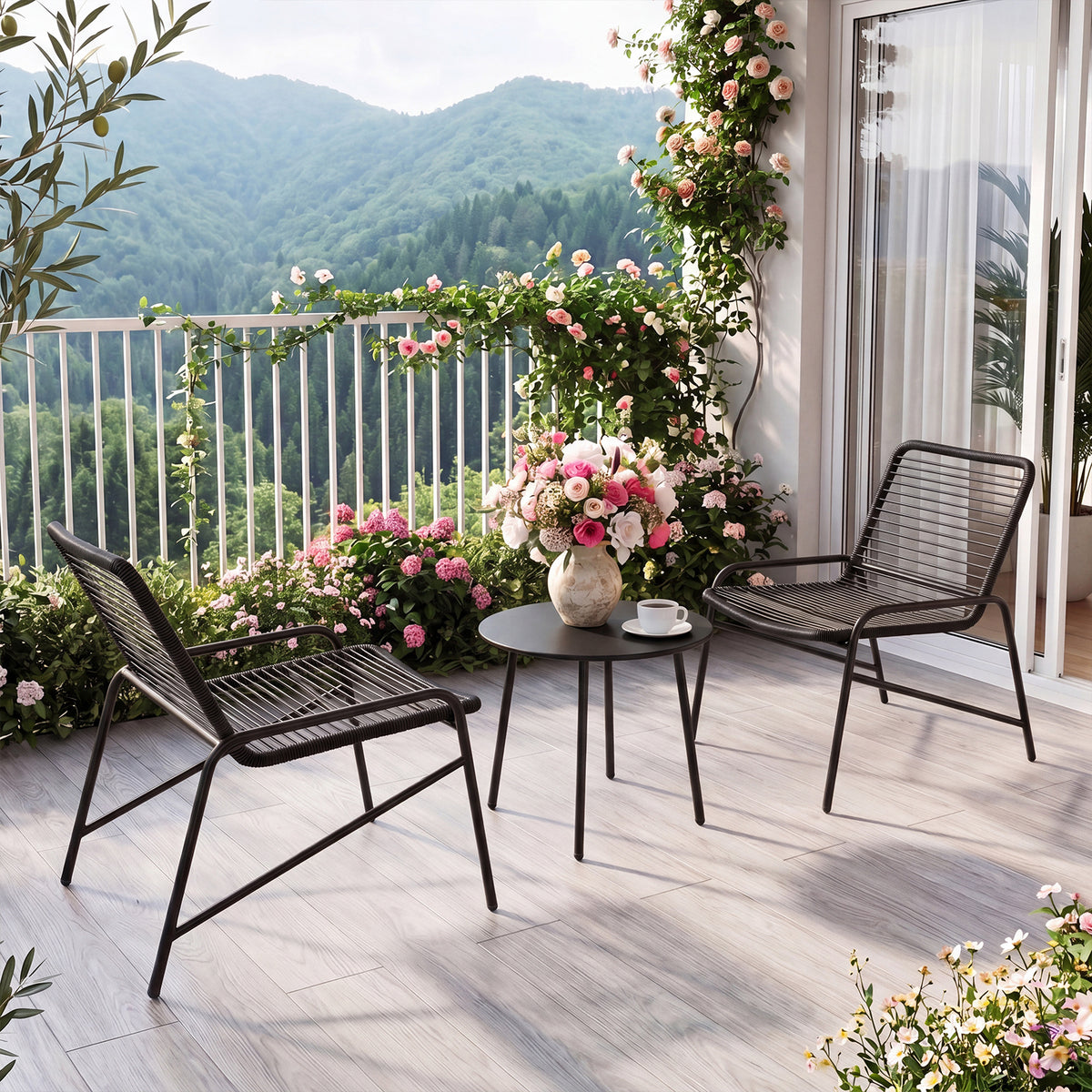 3 Piece Patio Bistro Set Rattan Chairs with Side Table Outdoor Wicker Conversation Set-Black