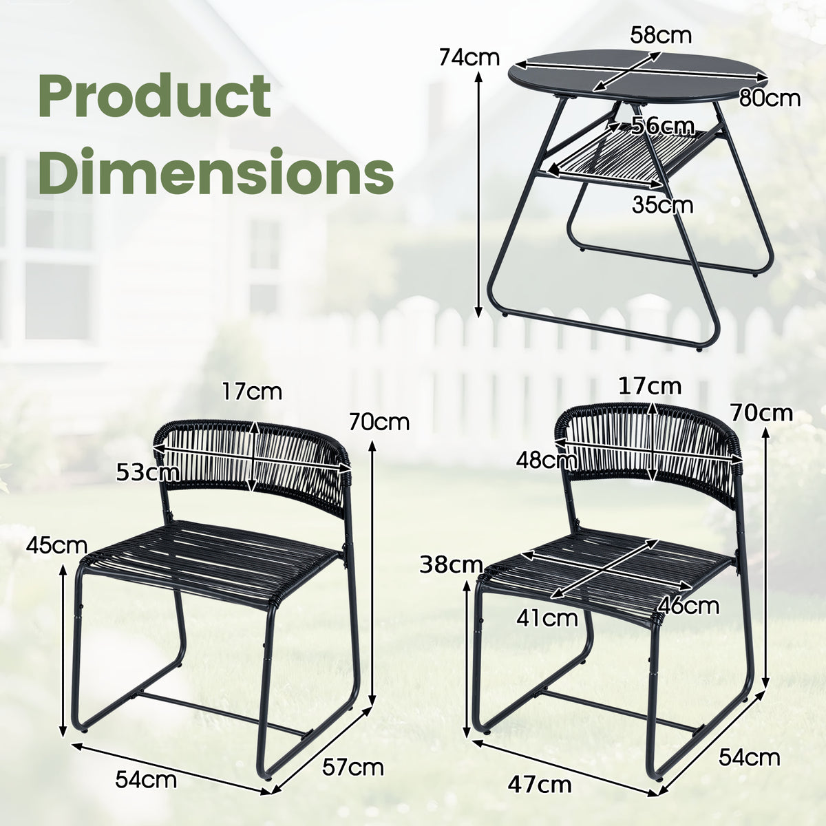 3-Piece Patio Bistro Set with Solid Metal Frame for Porch-Black