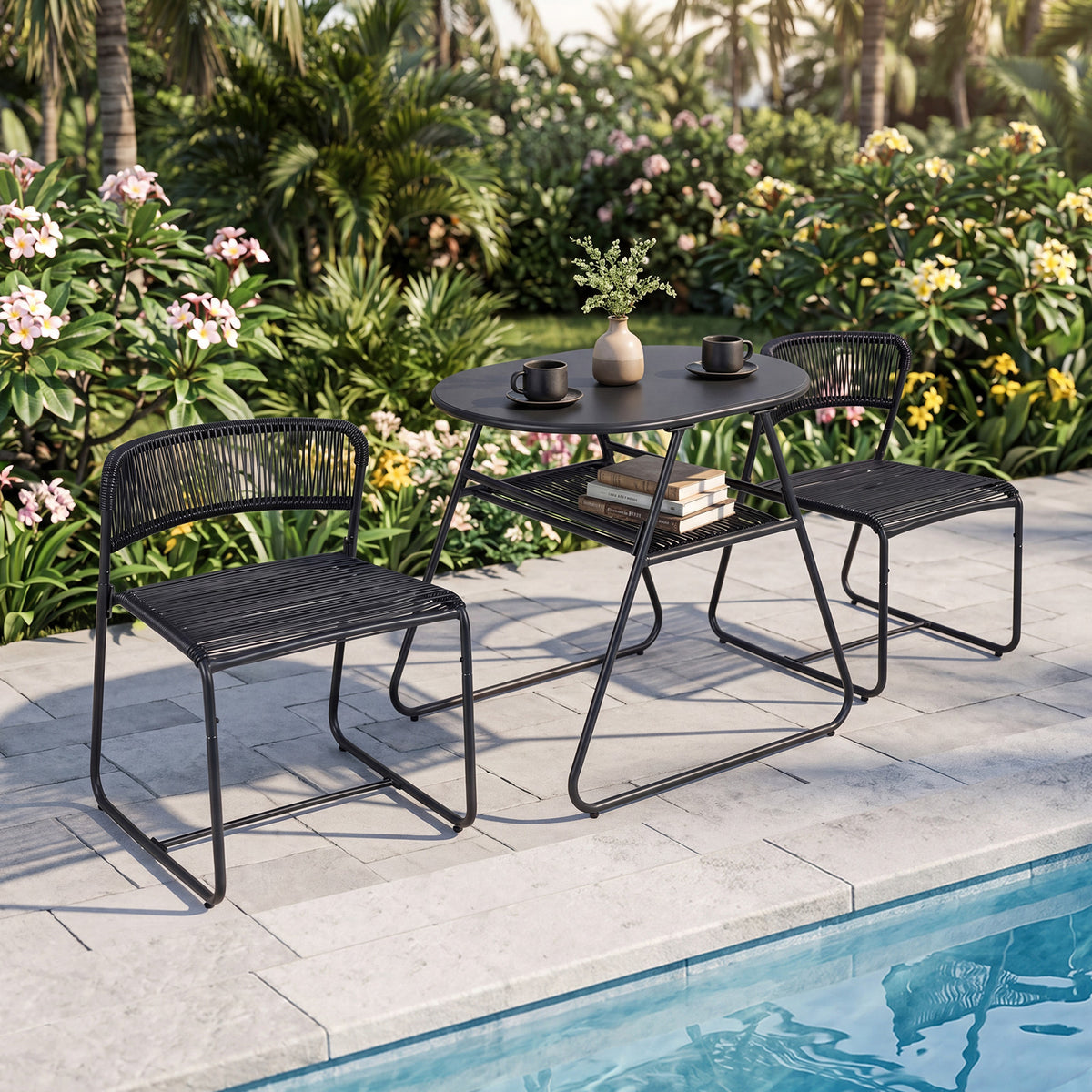 3-Piece Patio Bistro Set with Solid Metal Frame for Porch-Black