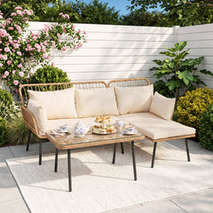 3-Piece Patio Furniture Set with Coffee Table and L-Shaped Sectional Sofa-Beige