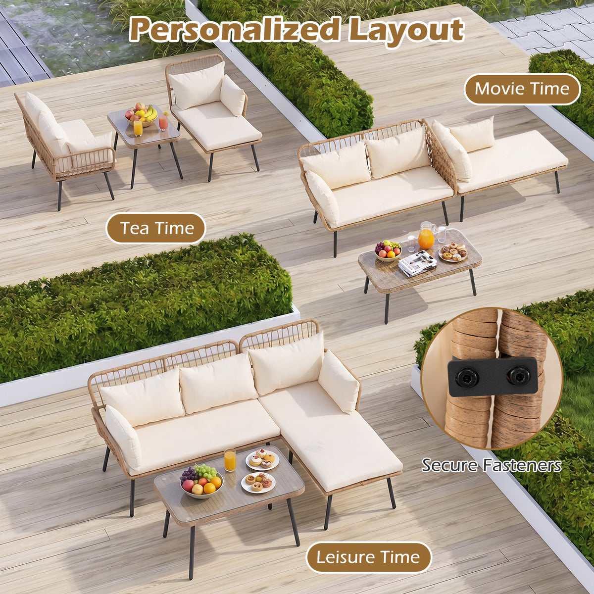 3-Piece Patio Furniture Set with Coffee Table and L-Shaped Sectional Sofa-Beige