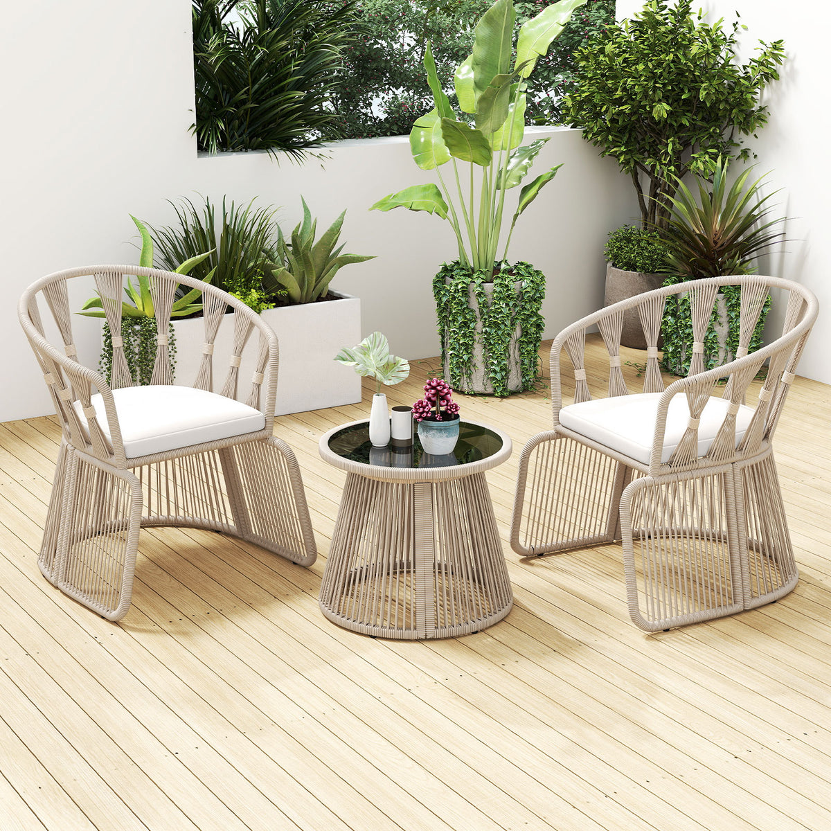 3 Piece Patio Leisure Chair Set Rope-Woven Armchairs and Table Set with Soft Seat Cushions-White