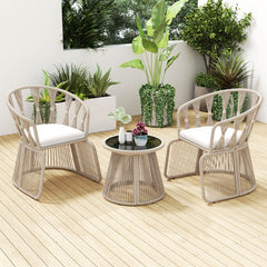 3 Piece Patio Leisure Chair Set Rope-Woven Armchairs and Table Set with Soft Seat Cushions-White
