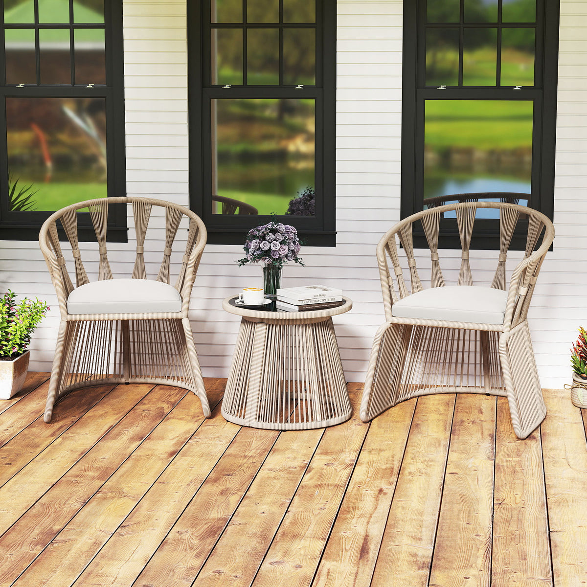 3 Piece Patio Leisure Chair Set Rope-Woven Armchairs and Table Set with Soft Seat Cushions-White