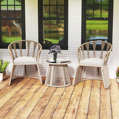3 Piece Patio Leisure Chair Set Rope-Woven Armchairs and Table Set with Soft Seat Cushions-White