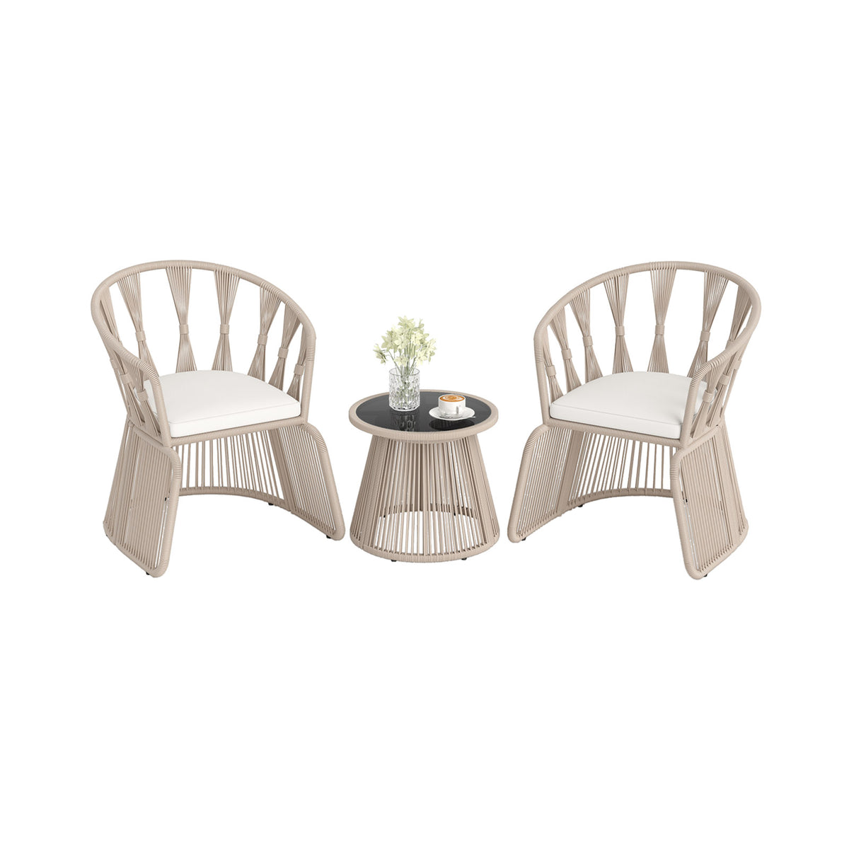 3 Piece Patio Leisure Chair Set Rope-Woven Armchairs and Table Set with Soft Seat Cushions-White