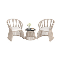 3 Piece Patio Leisure Chair Set Rope-Woven Armchairs and Table Set with Soft Seat Cushions-White