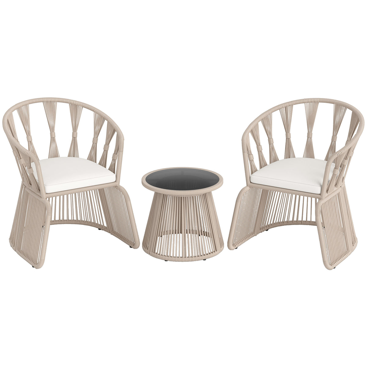 3 Piece Patio Leisure Chair Set Rope-Woven Armchairs and Table Set with Soft Seat Cushions-White