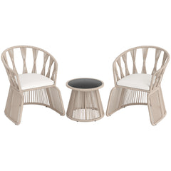 3 Piece Patio Leisure Chair Set Rope-Woven Armchairs and Table Set with Soft Seat Cushions-White