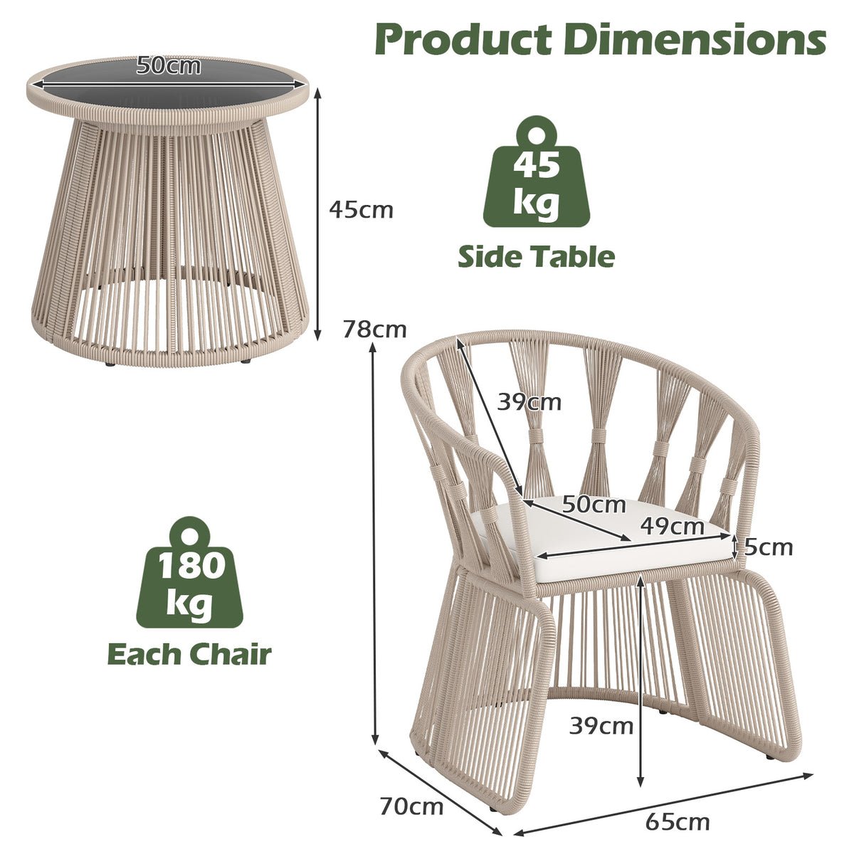 3 Piece Patio Leisure Chair Set Rope-Woven Armchairs and Table Set with Soft Seat Cushions-White