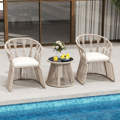 3 Piece Patio Leisure Chair Set Rope-Woven Armchairs and Table Set with Soft Seat Cushions-White