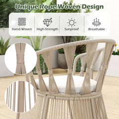 3 Piece Patio Leisure Chair Set Rope-Woven Armchairs and Table Set with Soft Seat Cushions-White