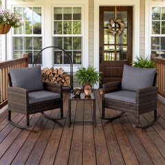 3-Piece Wicker Rocking Bistro Set with Tempered Glass Table and Cushions for Patio-Grey