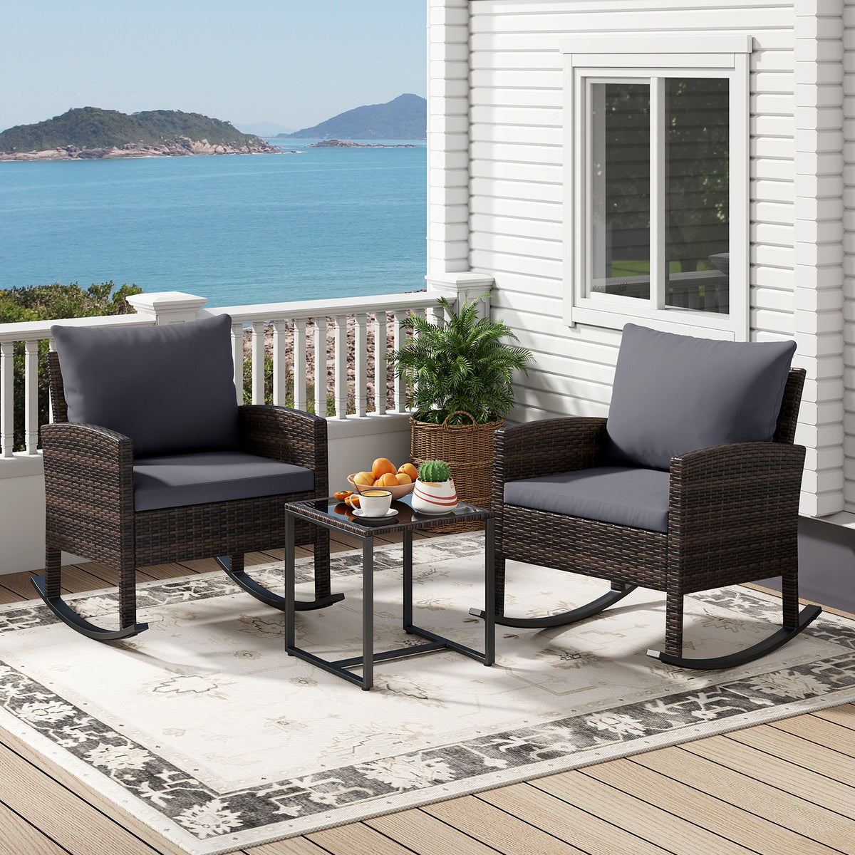 3-Piece Wicker Rocking Bistro Set with Tempered Glass Table and Cushions for Patio-Grey