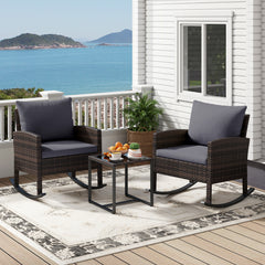 3-Piece Wicker Rocking Bistro Set with Tempered Glass Table and Cushions for Patio-Grey