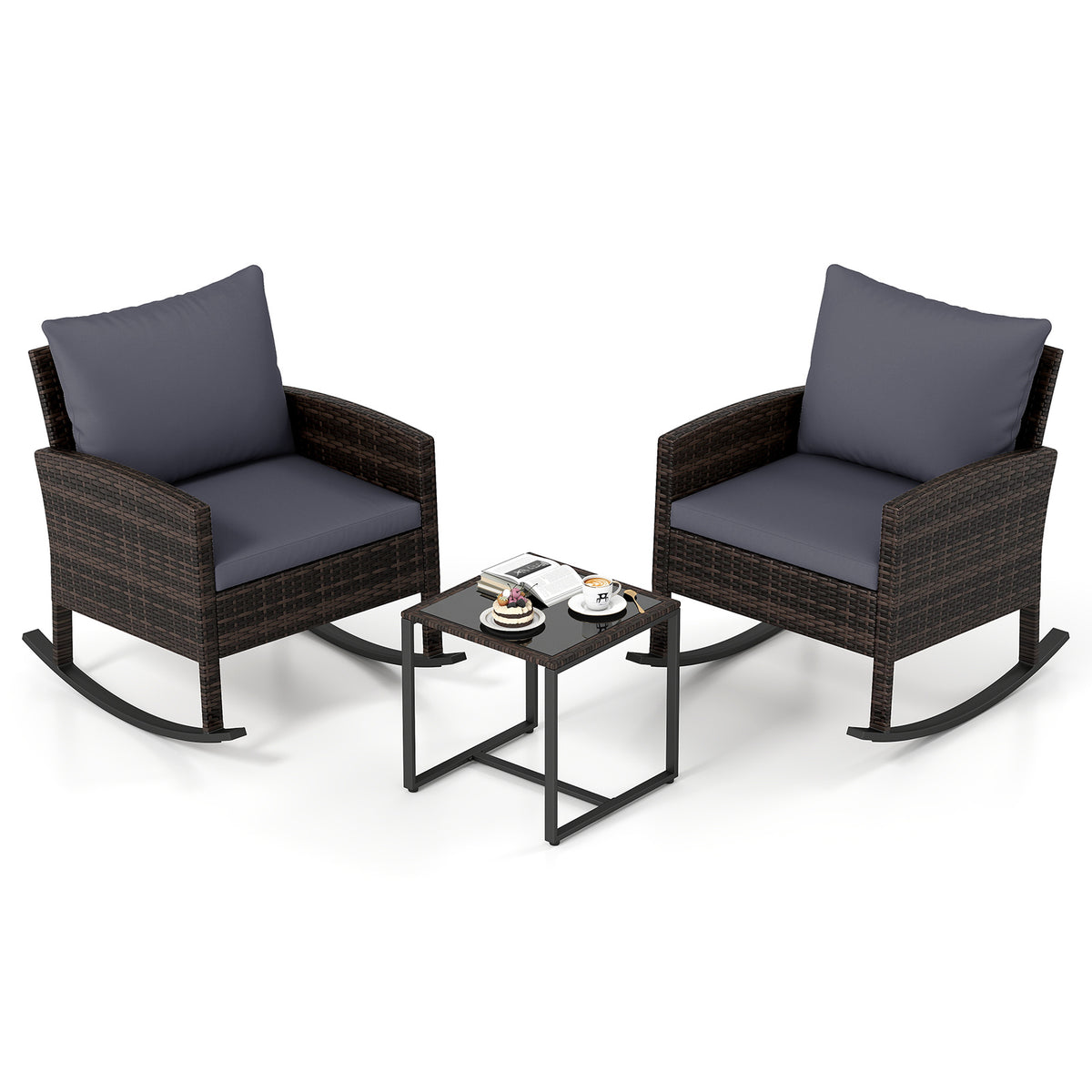 3-Piece Wicker Rocking Bistro Set with Tempered Glass Table and Cushions for Patio-Grey