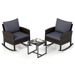 3-Piece Wicker Rocking Bistro Set with Tempered Glass Table and Cushions for Patio-Grey