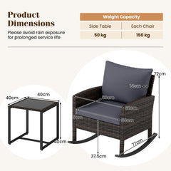 3-Piece Wicker Rocking Bistro Set with Tempered Glass Table and Cushions for Patio-Grey