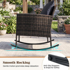 3-Piece Wicker Rocking Bistro Set with Tempered Glass Table and Cushions for Patio-Grey