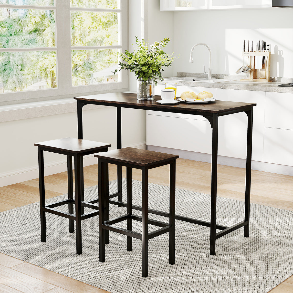 3-Piece Dining Table Set with High Top Rectangular Pub Table and Chairs-Grey