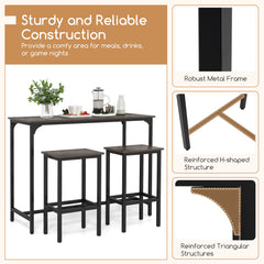 3-Piece Dining Table Set with High Top Rectangular Pub Table and Chairs-Grey