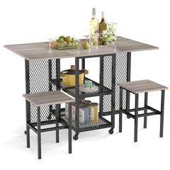 3-Piece Foldable Dining Table Set with Lockable Wheels for Small Place-Grey