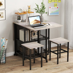 3-Piece Foldable Dining Table Set with Lockable Wheels for Small Place-Grey