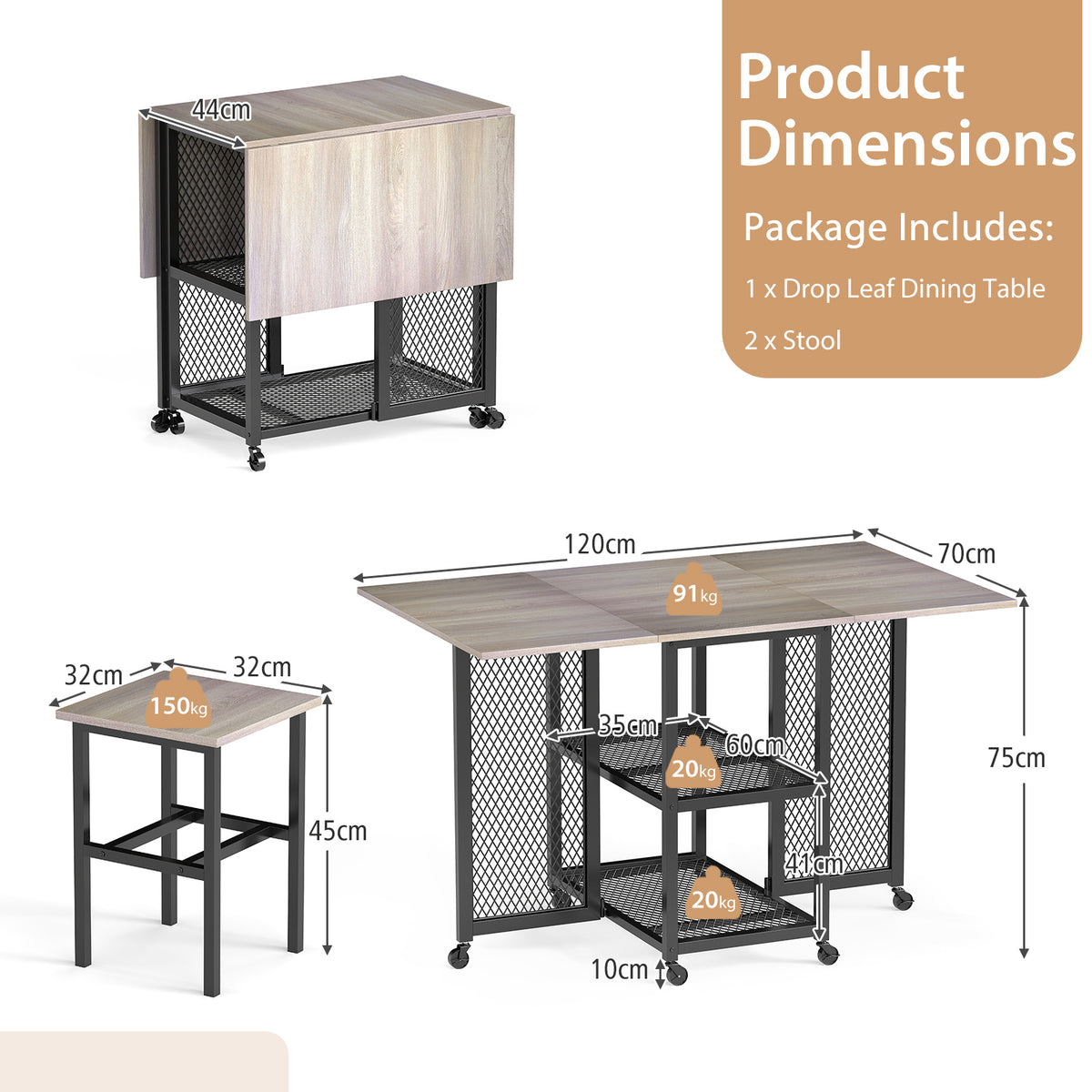 3-Piece Foldable Dining Table Set with Lockable Wheels for Small Place-Grey