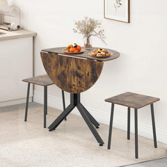 3-Pieces Drop Leaf Dining Table Set Extendable Round Folding Kitchen Table with 2 Stools-Rustic Brown