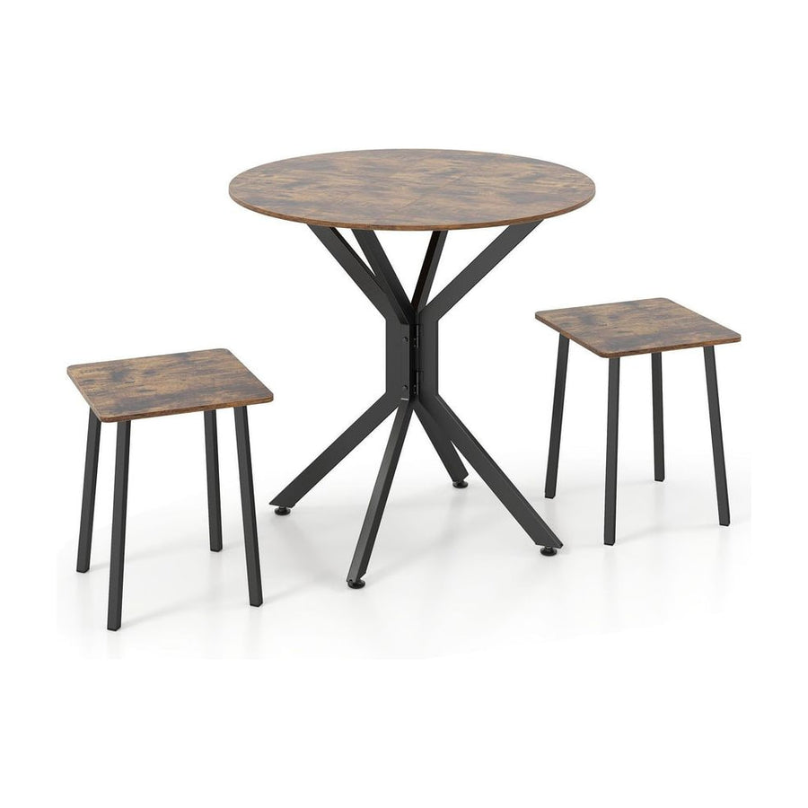 3-Pieces Drop Leaf Dining Table Set Extendable Round Folding Kitchen Table with 2 Stools-Rustic Brown