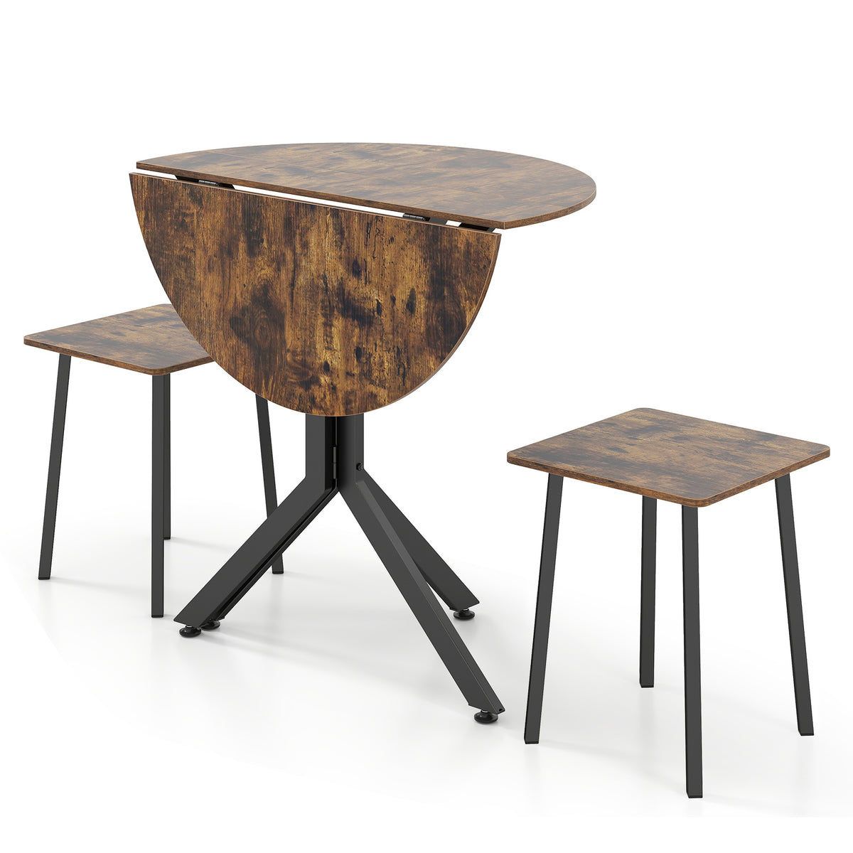 3-Pieces Drop Leaf Dining Table Set Extendable Round Folding Kitchen Table with 2 Stools-Rustic Brown