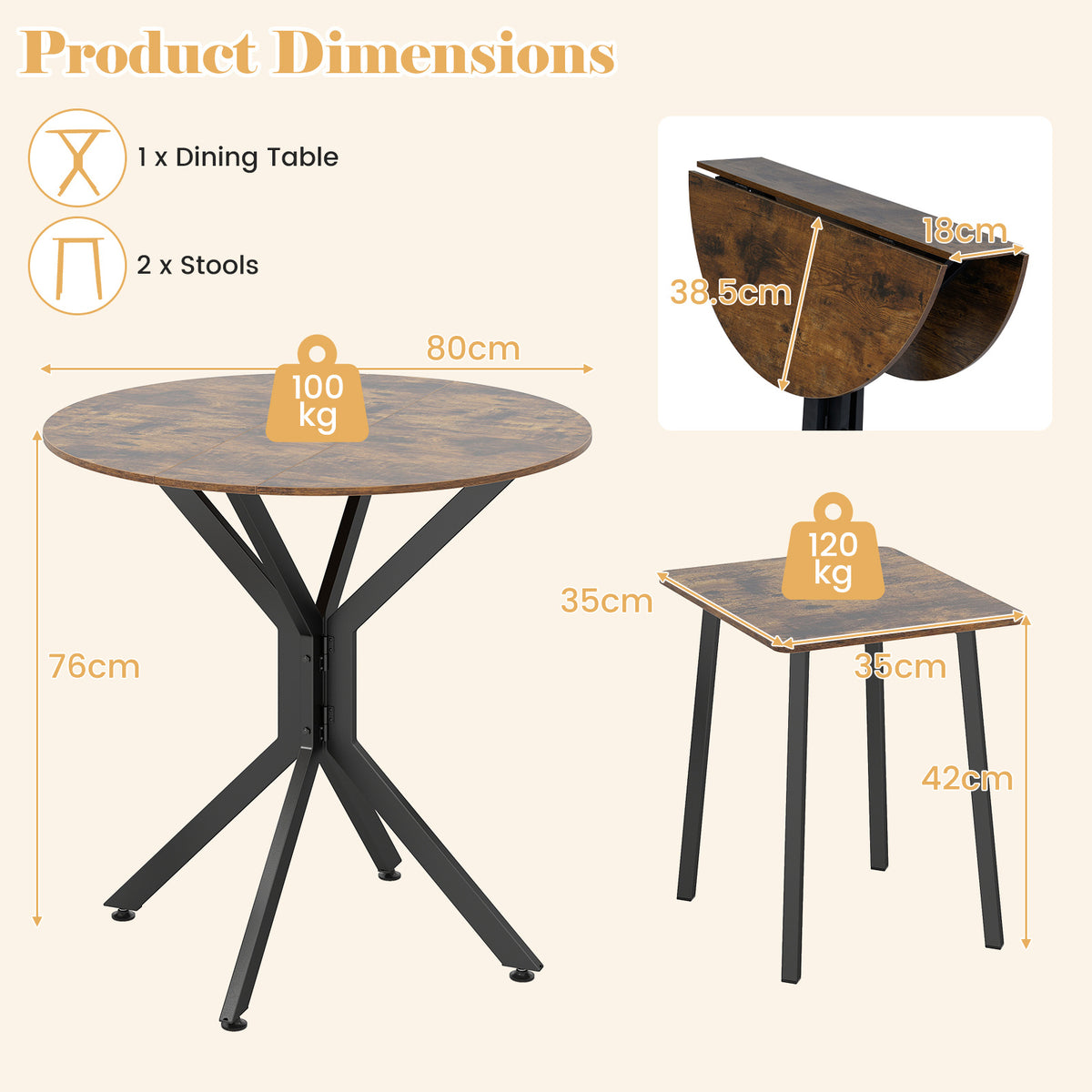 3-Pieces Drop Leaf Dining Table Set Extendable Round Folding Kitchen Table with 2 Stools-Rustic Brown