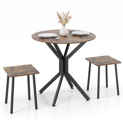 3-Pieces Drop Leaf Dining Table Set Extendable Round Folding Kitchen Table with 2 Stools-Rustic Brown