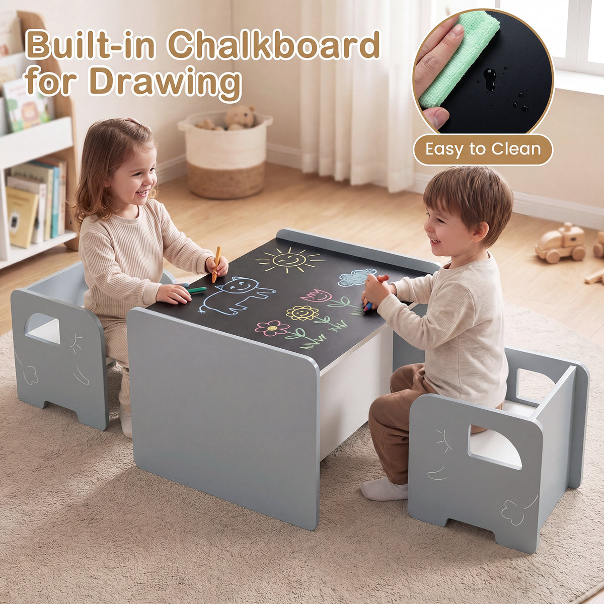 3 Pieces Kids Table and Chair Set with Chalkboard for Home-Grey
