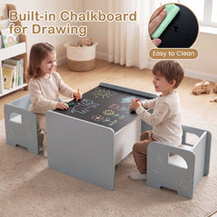 3 Pieces Kids Table and Chair Set with Chalkboard for Home-Grey