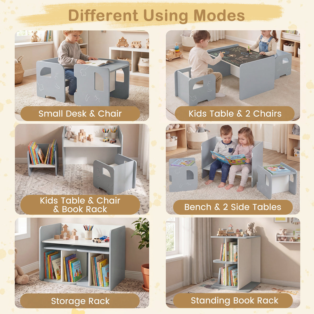 3 Pieces Kids Table and Chair Set with Chalkboard for Home-Grey